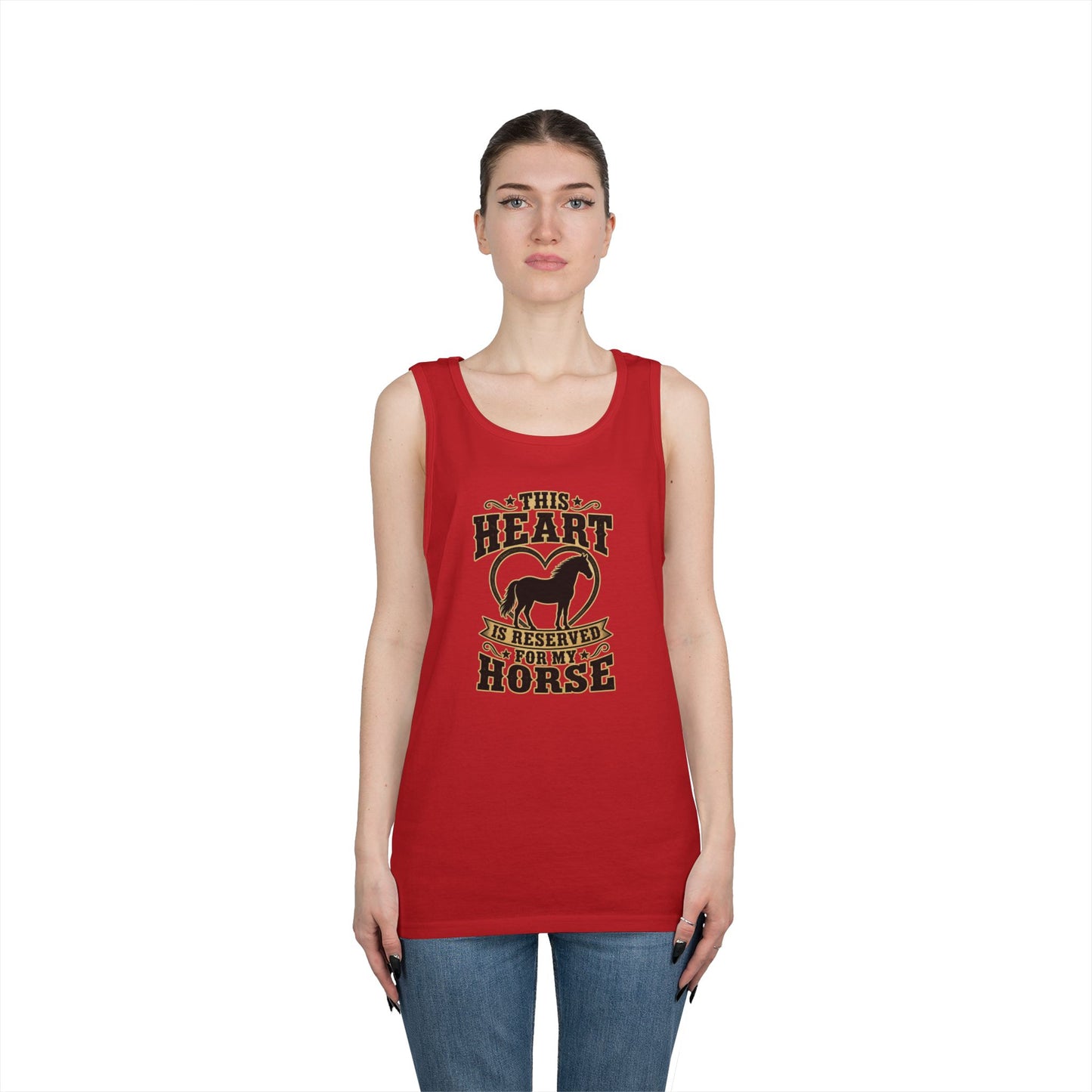 Horse Lover Tank Top featuring the text 'This Heart is Reserved for My Horse' on a red background.