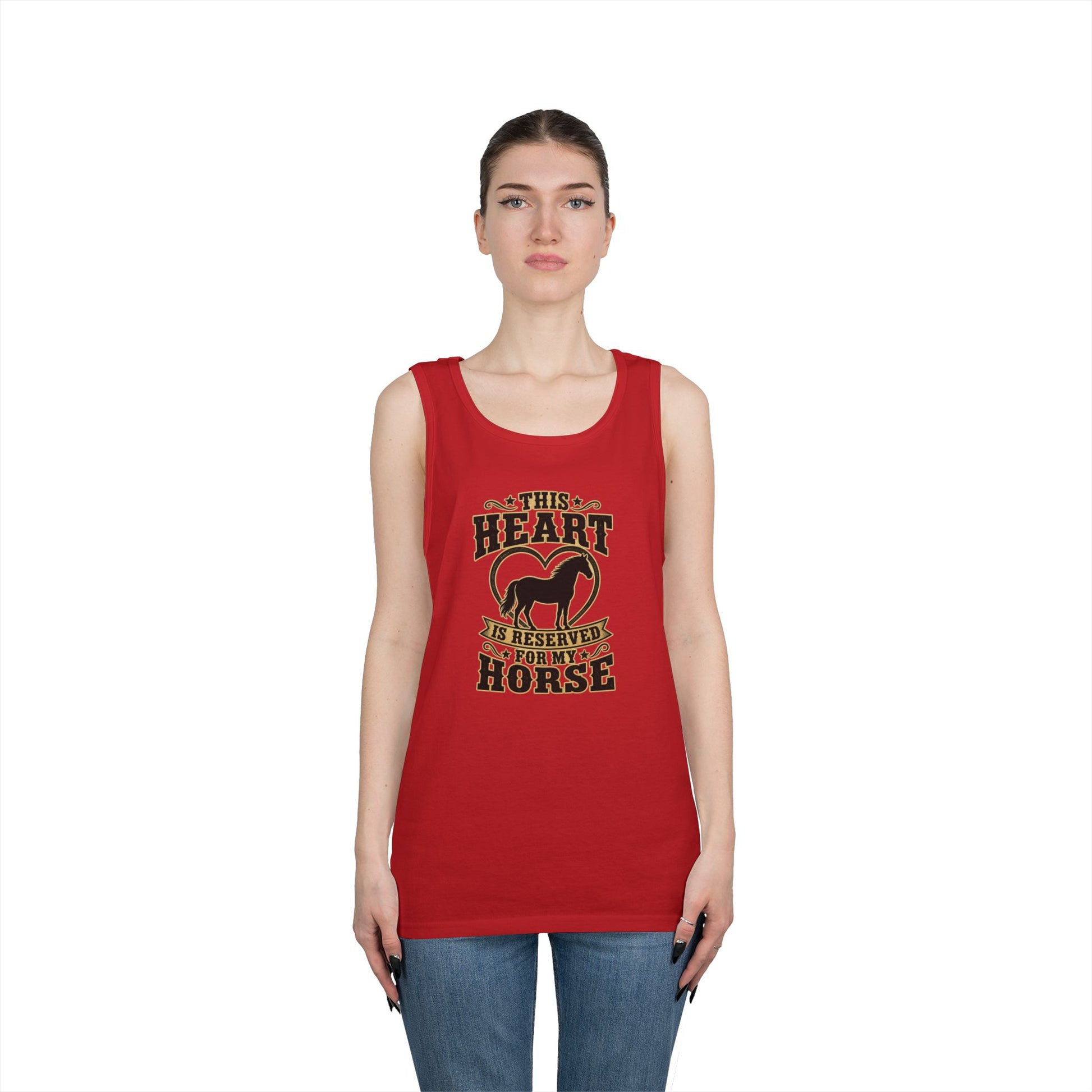 Horse Lover Tank Top featuring the text 'This Heart is Reserved for My Horse' on a red background.