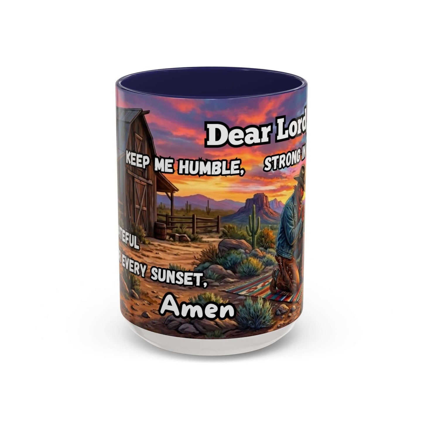 Cowboy Prayer Coffee Mug featuring prayer text and a vibrant sunset design, ideal for cowboy and religious gift enthusiasts.