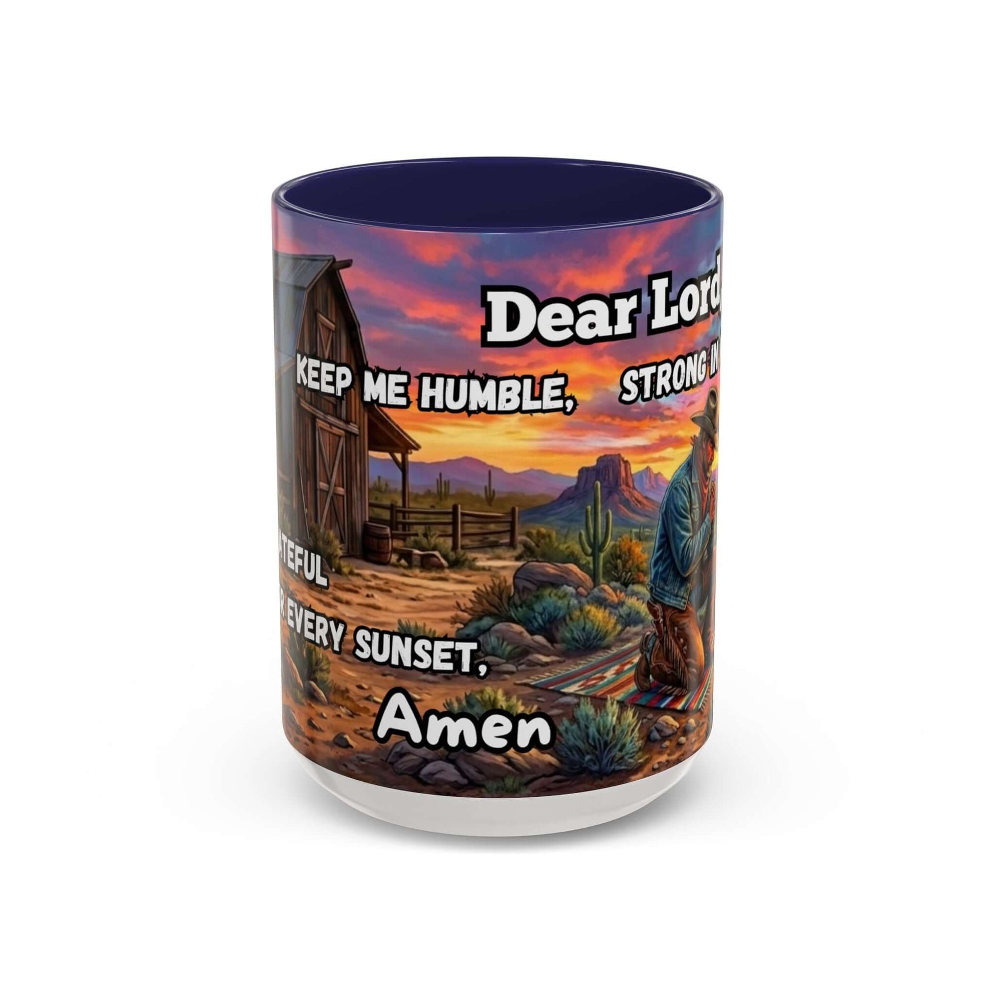 Cowboy Prayer Coffee Mug featuring prayer text and a vibrant sunset design, ideal for cowboy and religious gift enthusiasts.