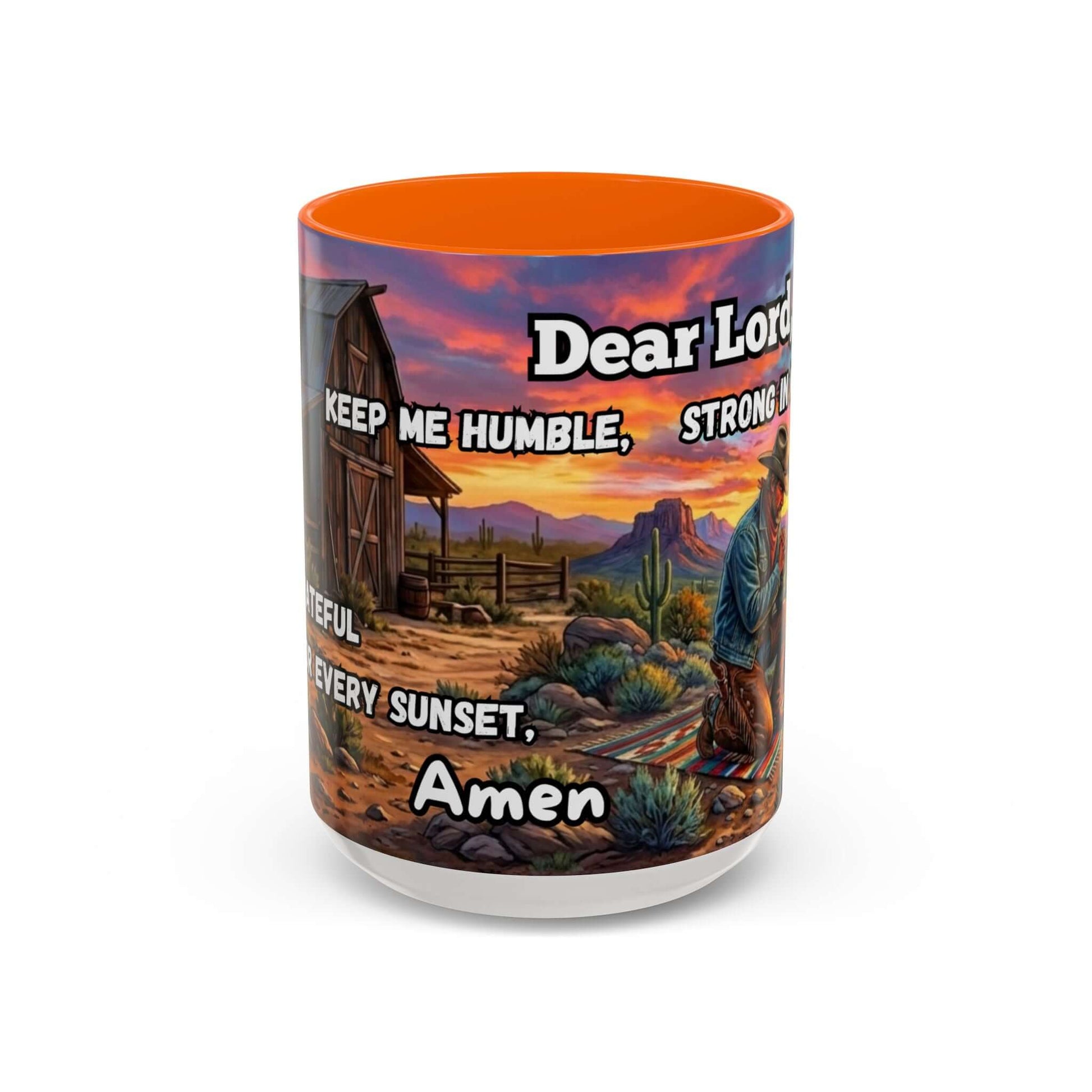 Cowboy Prayer Coffee Mug featuring a prayer design, colorful sunset, and rustic western artwork.