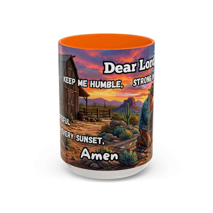 Cowboy Prayer Coffee Mug featuring a prayer design, colorful sunset, and rustic western artwork.