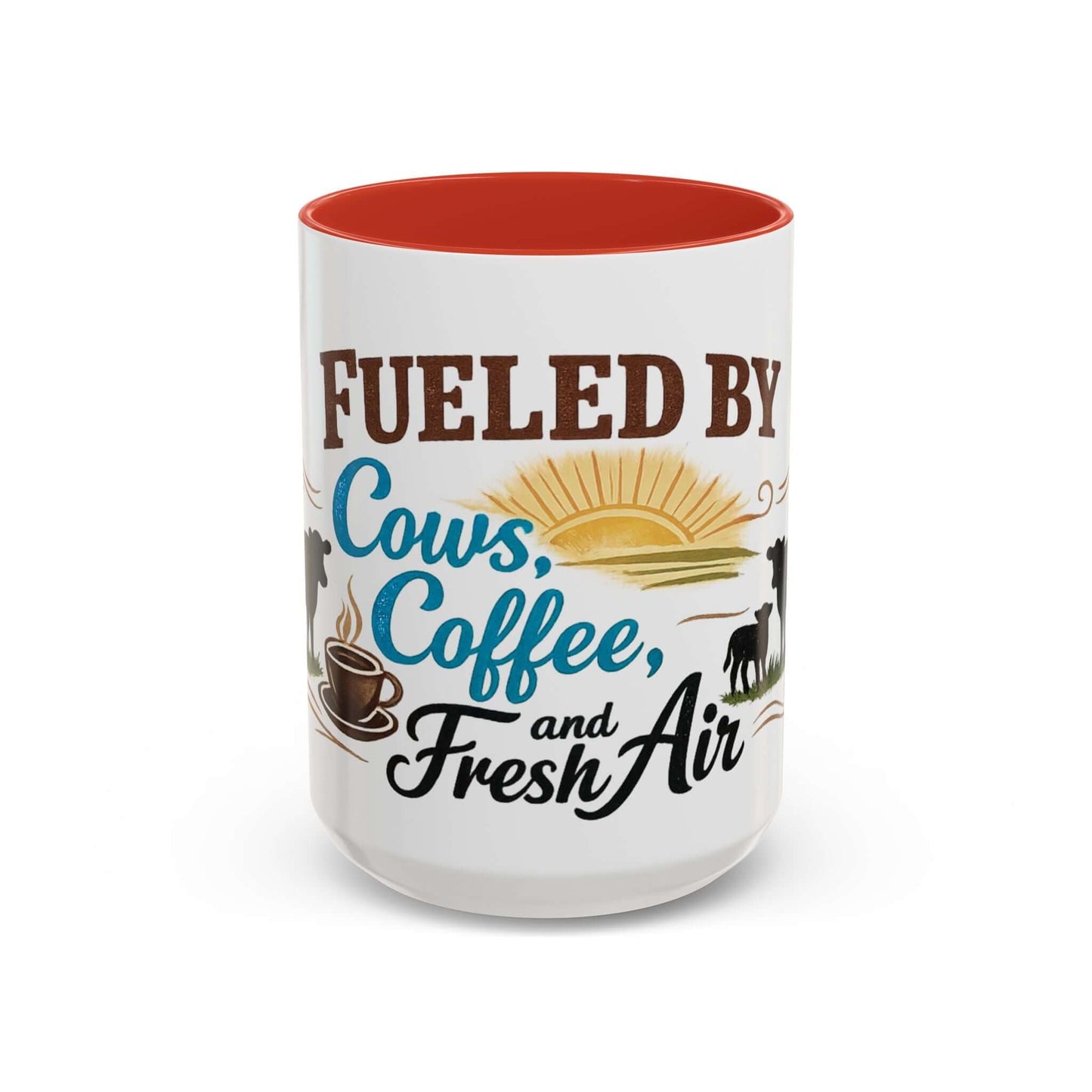 Cow Lovers Mug featuring the phrase 'Fueled by Cows, Coffee, and Fresh Air' with sunrise and cow illustrations.
