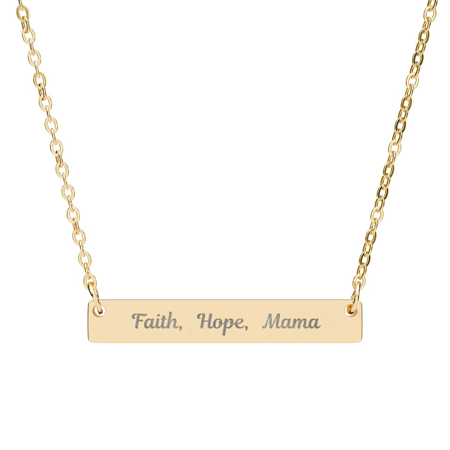 Gift for Mom - Engraved necklace with the words Faith, Hope, Mama on a gold plate, perfect personalized pendant gift.