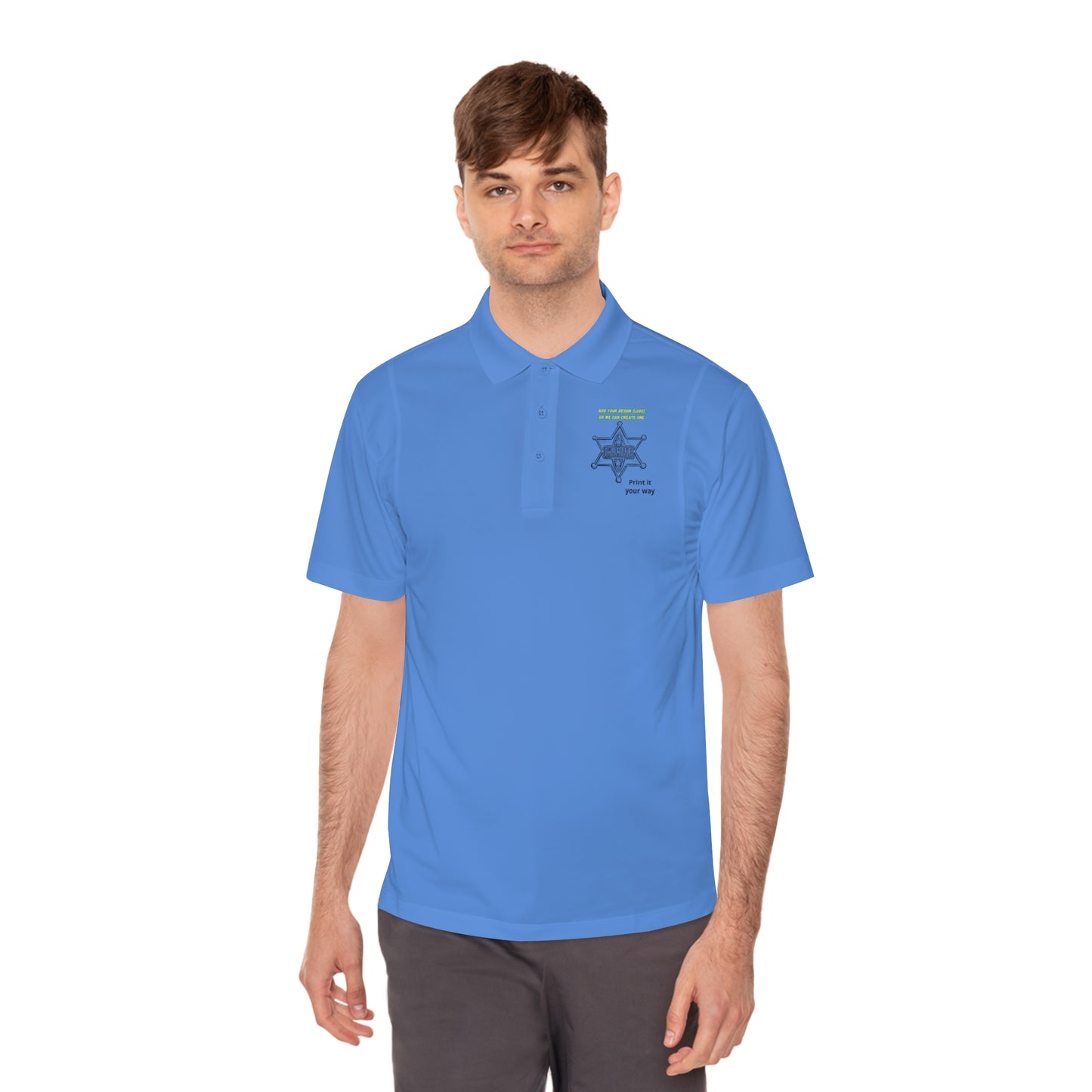 Personalize Sport Polo Shirt in blue, worn by a man, showcasing a clean style and breathable fabric for ranch work.