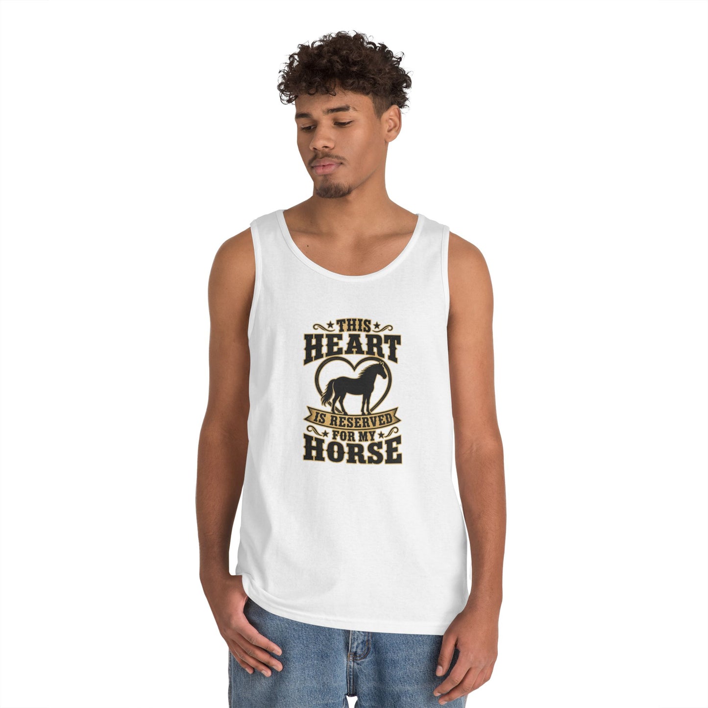 Horse Lover Tank Top featuring 'This Heart is Reserved for My Horse' graphic on a classic white tank.