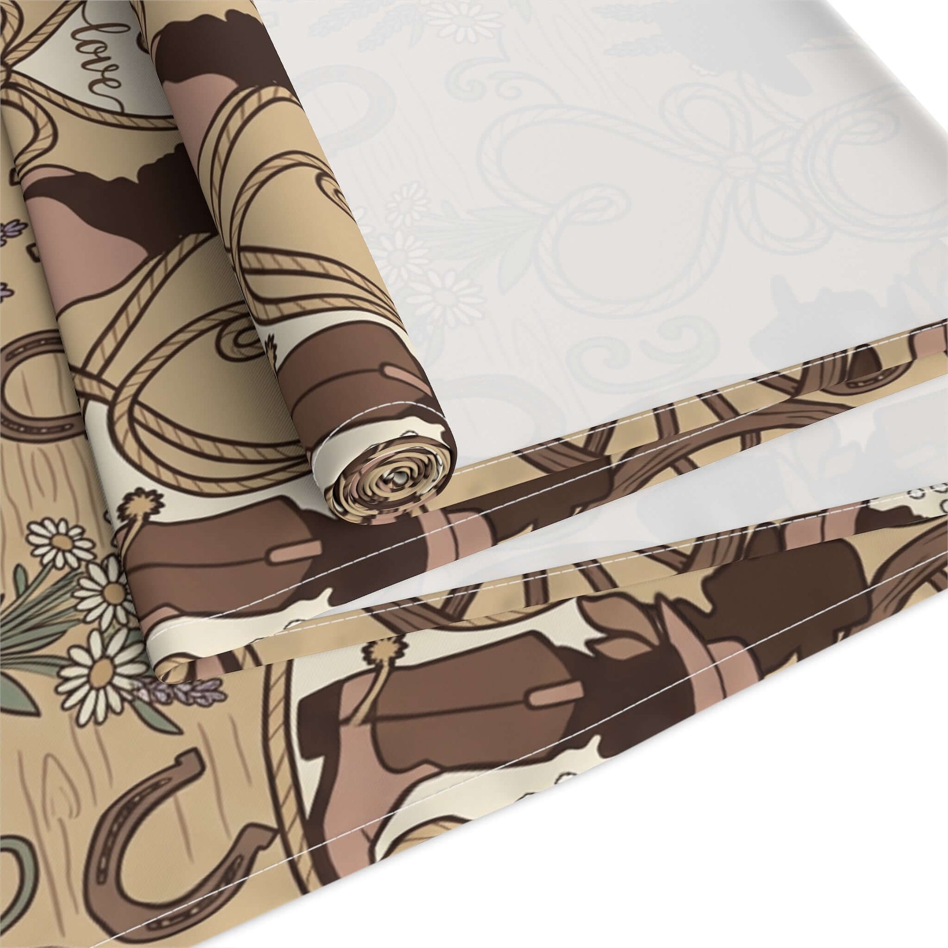Western Bridal Table Runner with rustic designs featuring hearts, horseshoes, and a playful moose silhouette.