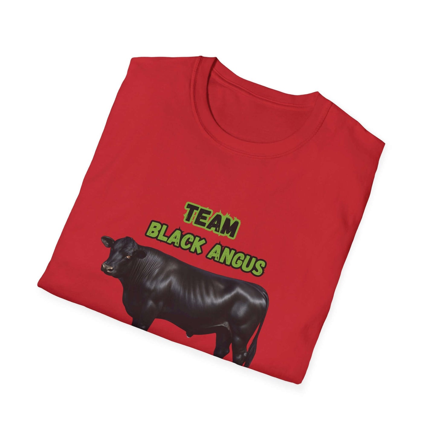 Team Black Angus shirt featuring a Black Angus cattle graphic on a red background.