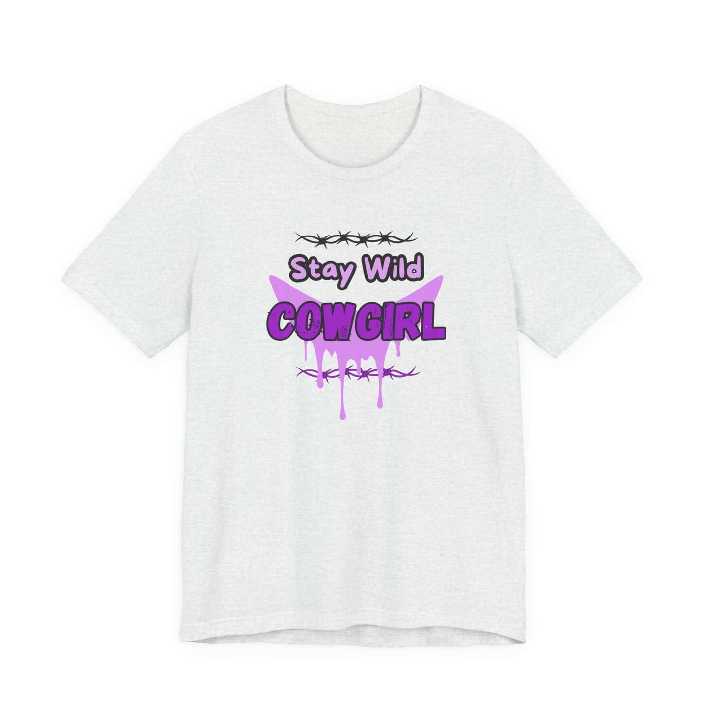 Cowgirl Western Tee with Stay Wild COWGIRL graphic on a lightweight white t-shirt, showcasing a playful cowgirl style.