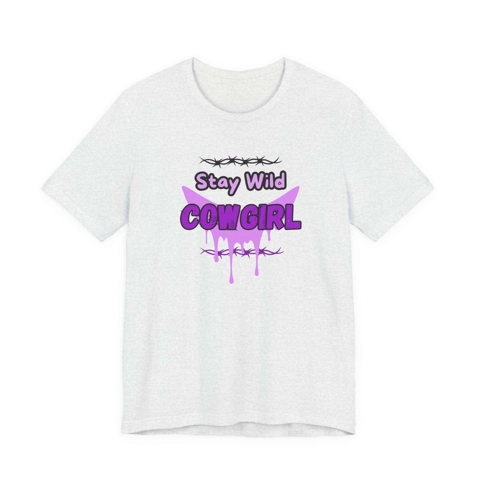 Cowgirl Western Tee with Stay Wild COWGIRL graphic on a lightweight white t-shirt, showcasing a playful cowgirl style.
