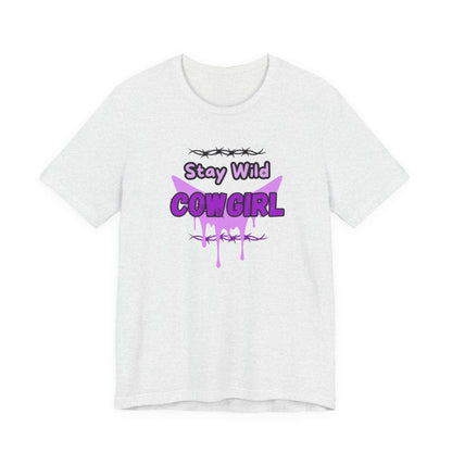 Cowgirl Western Tee with Stay Wild COWGIRL graphic on a lightweight white t-shirt, showcasing a playful cowgirl style.