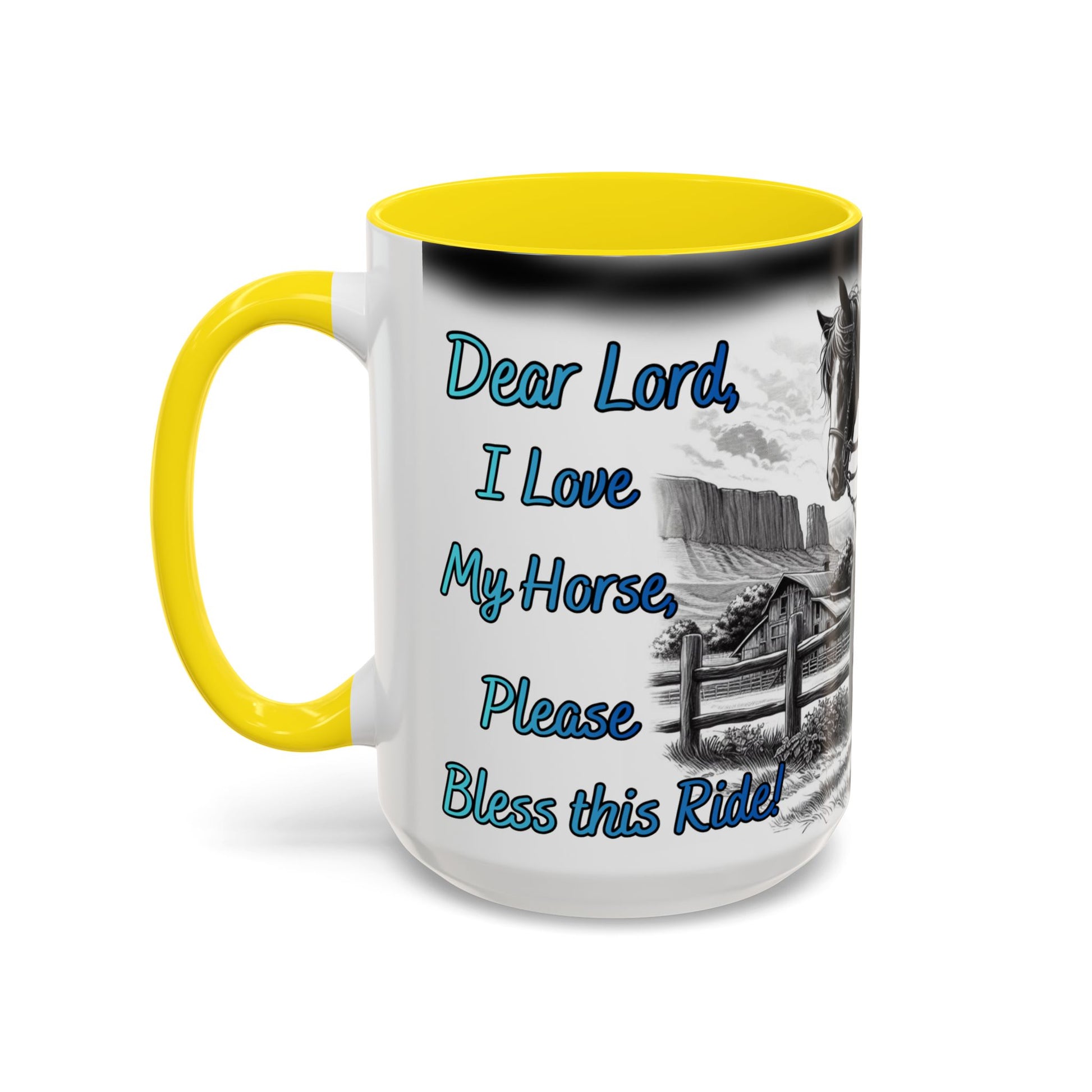 Praying Cowgirl Coffee Mug featuring heartfelt message for horse lovers with vibrant yellow handle.