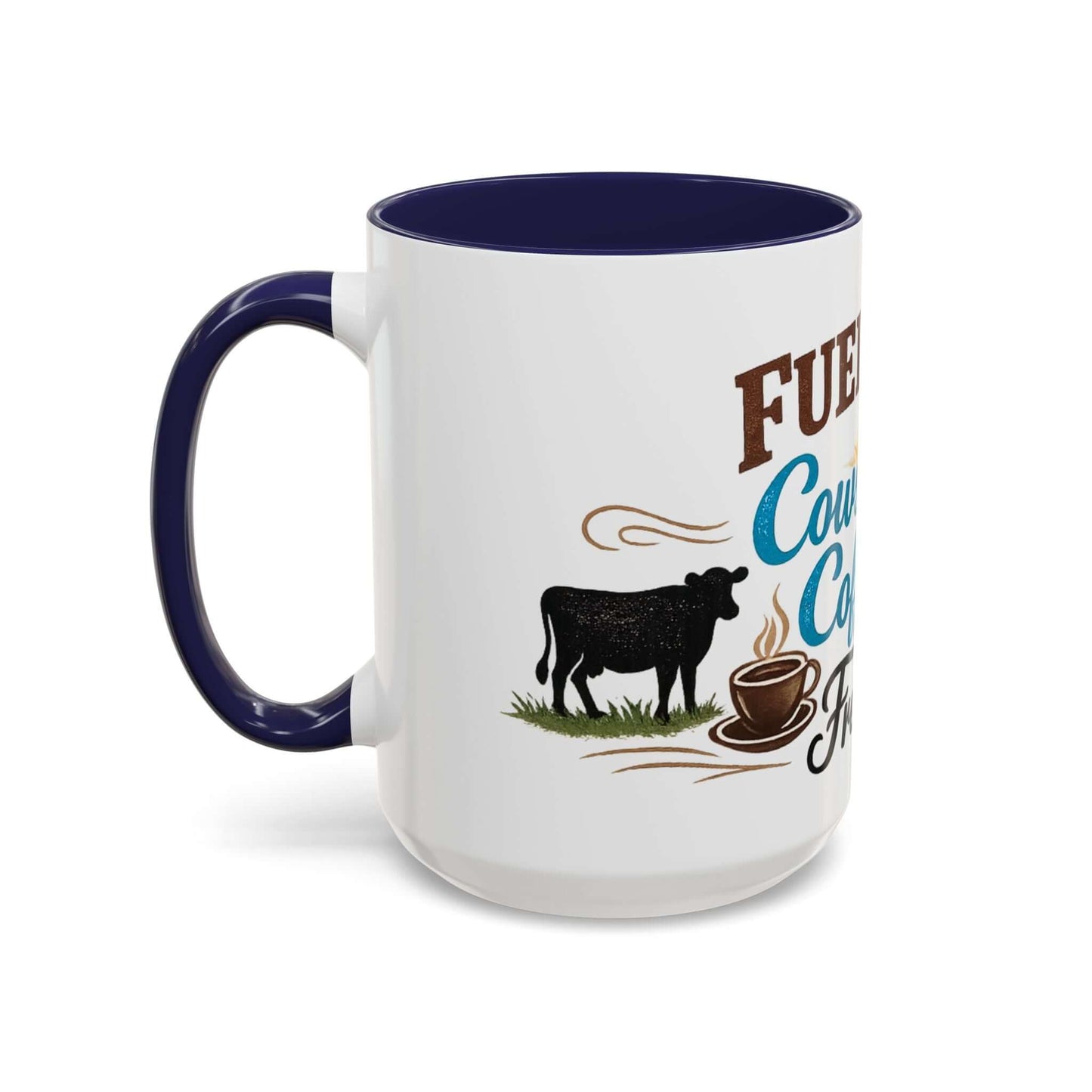 Cow Lovers Mug featuring a black cow and coffee cup graphic, celebrating country life and farm love.
