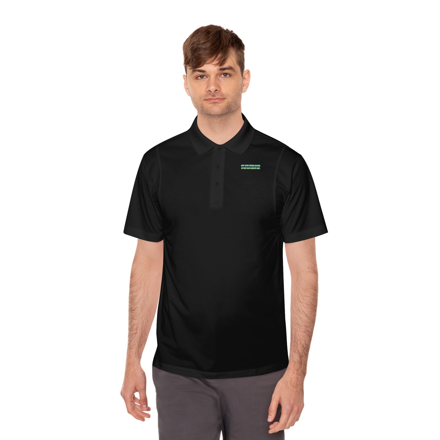 Personalize Sport Polo Shirt worn by a man in black, showcasing a sleek design perfect for ranch hands.
