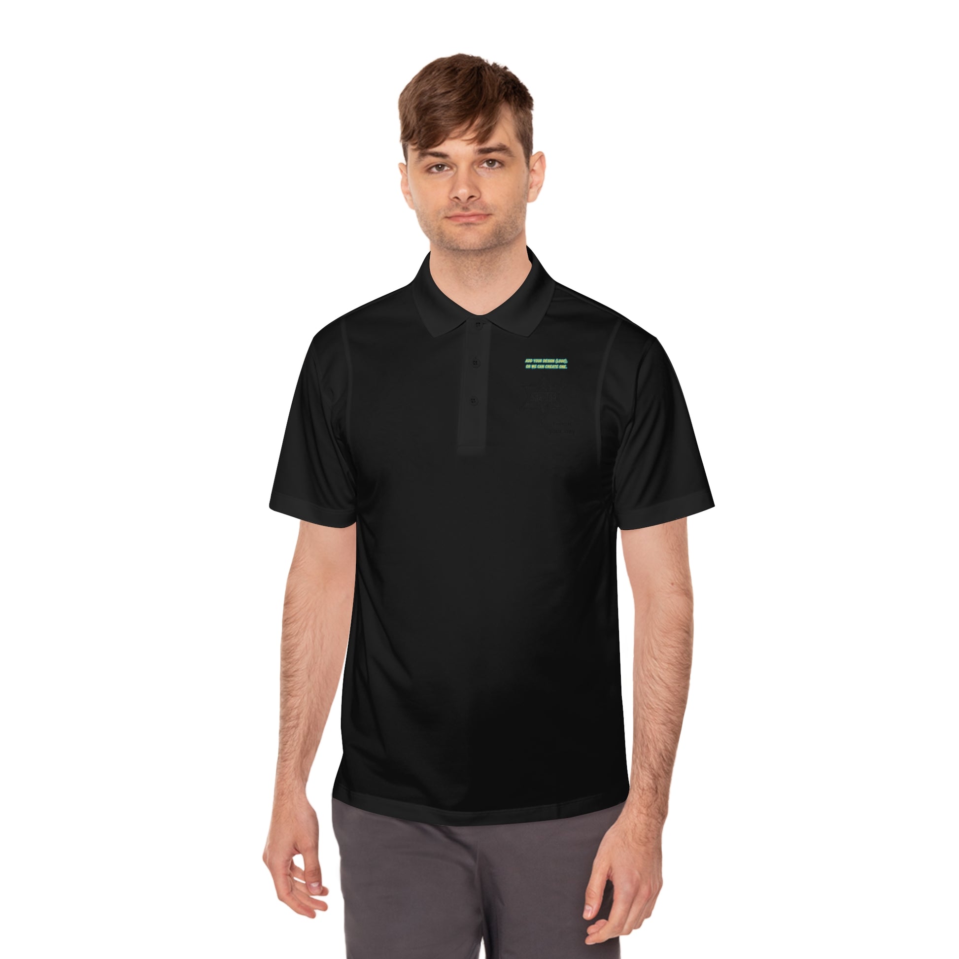 Personalize Sport Polo Shirt worn by a man in black, showcasing a sleek design perfect for ranch hands.