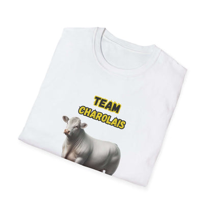 Charolais T-Shirt featuring cow design and text TEAM CHAROLAIS, ideal for livestock enthusiasts.