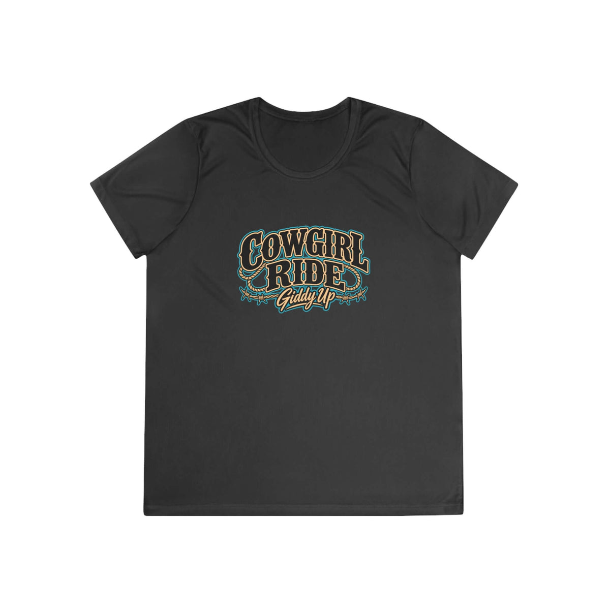 Cowgirl Ride Giddy Up Ladies Tee in black with vintage western graphic design.