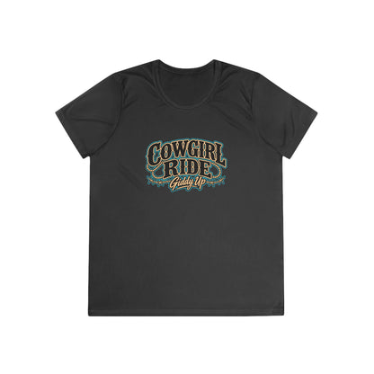 Cowgirl Ride Giddy Up Ladies Tee in black with vintage western graphic design.