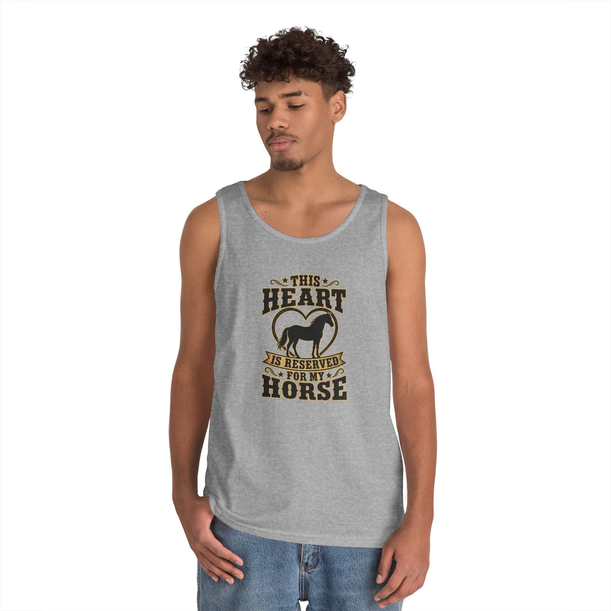 Horse Lover Tank Top featuring a graphic that reads 'This Heart is Reserved for My Horse' with a mare silhouette.
