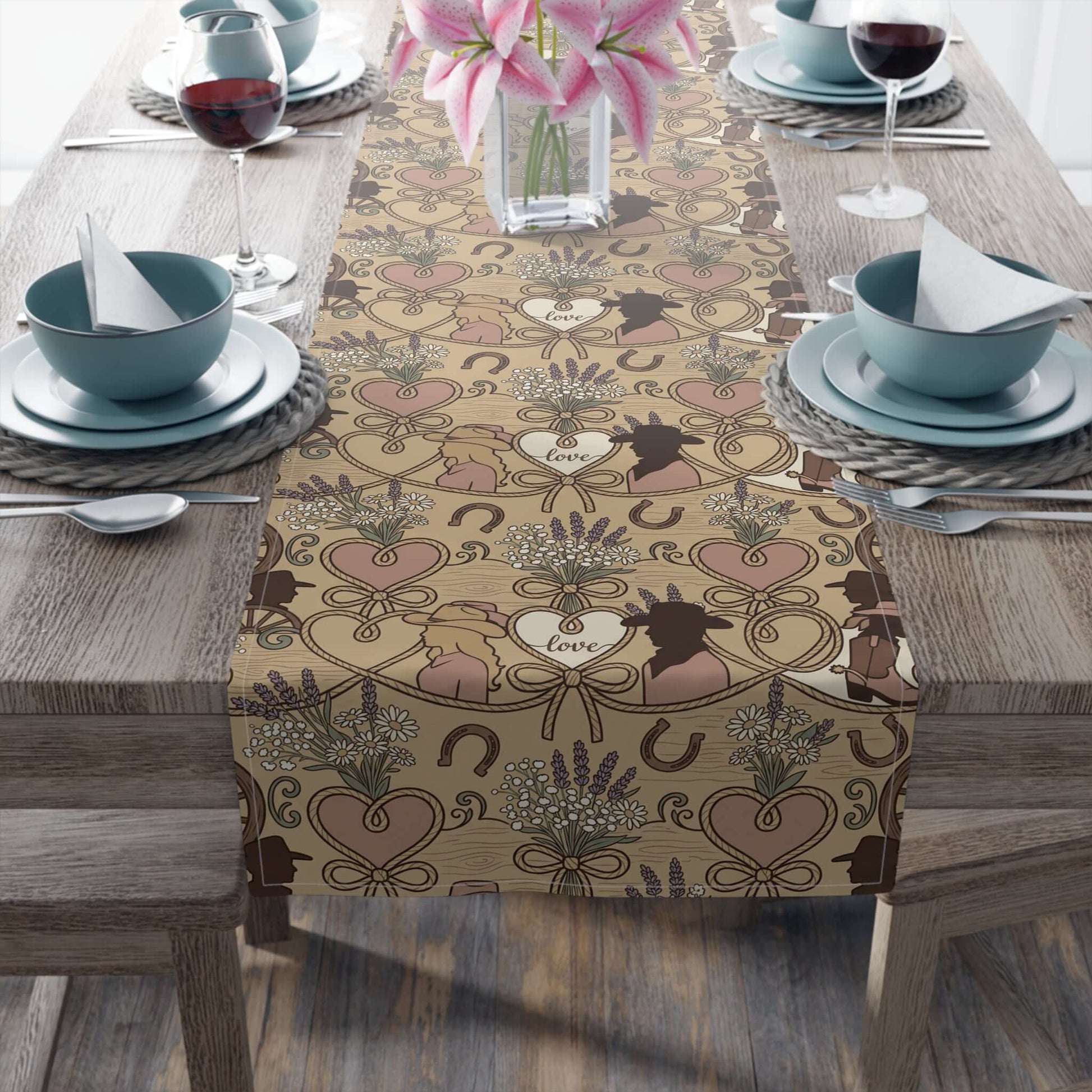 Western Bridal Table Runner displayed on a rustic dining table, featuring hand-drawn hearts and playful motifs.