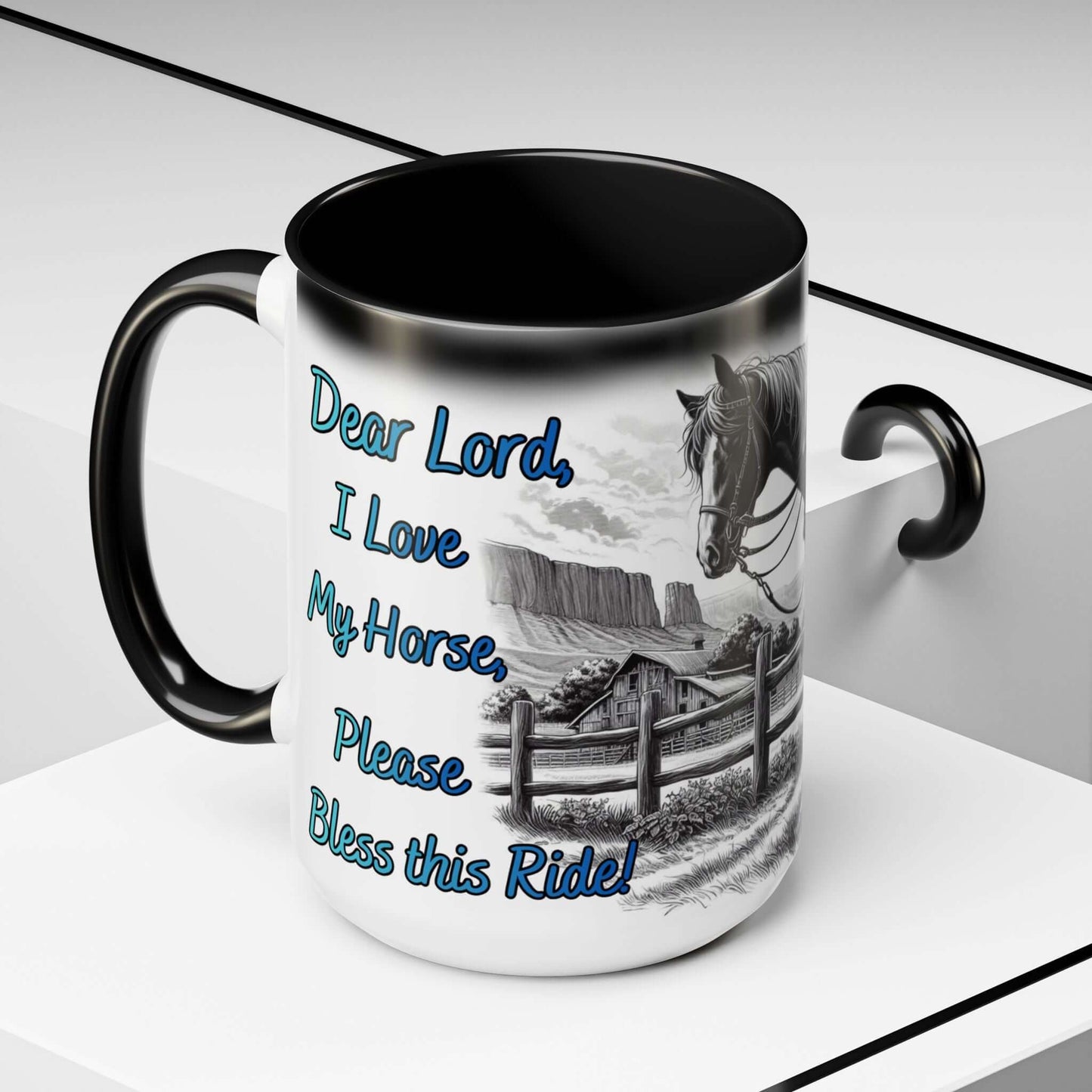 Praying Cowgirl Coffee Mug featuring heartfelt horse design and prayer, perfect for equestrian enthusiasts.