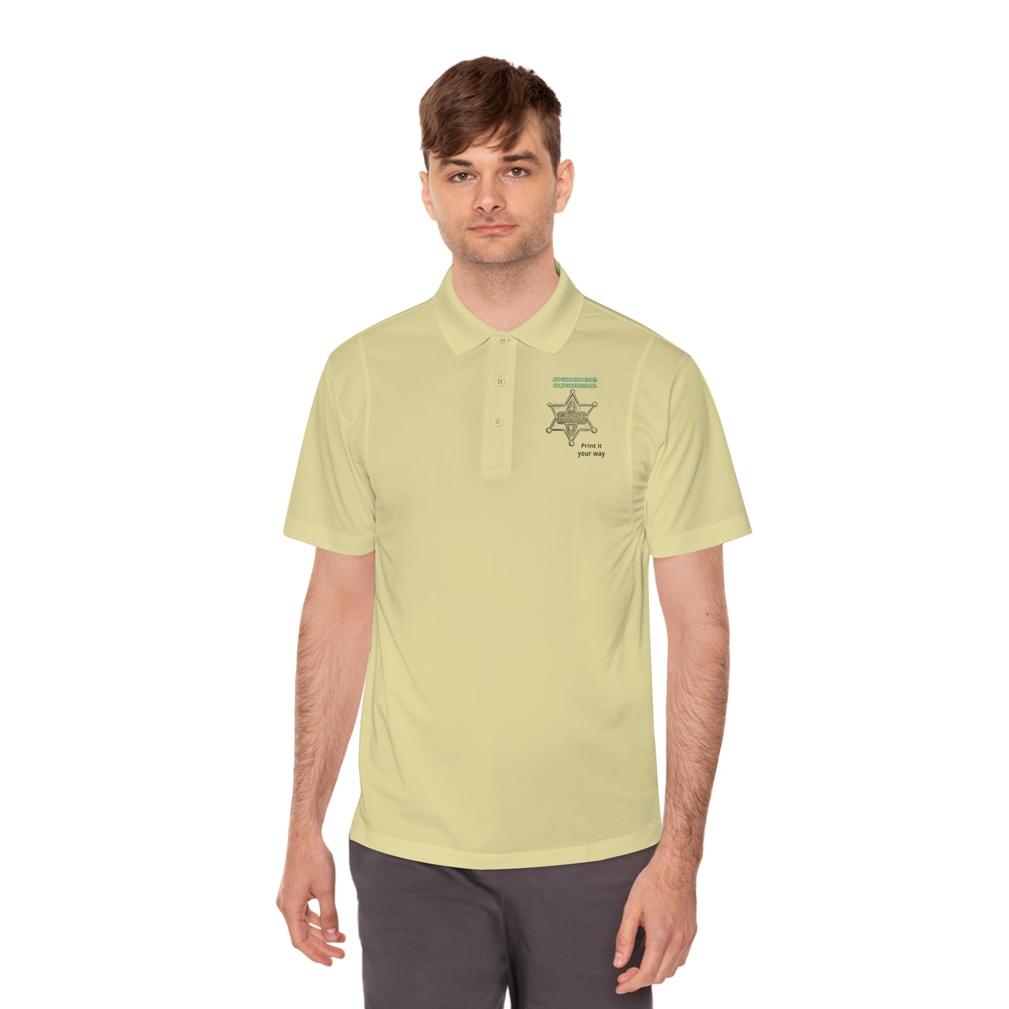 Personalize Sport Polo Shirt worn by a man, showcasing its lightweight and breathable design perfect for ranch work.