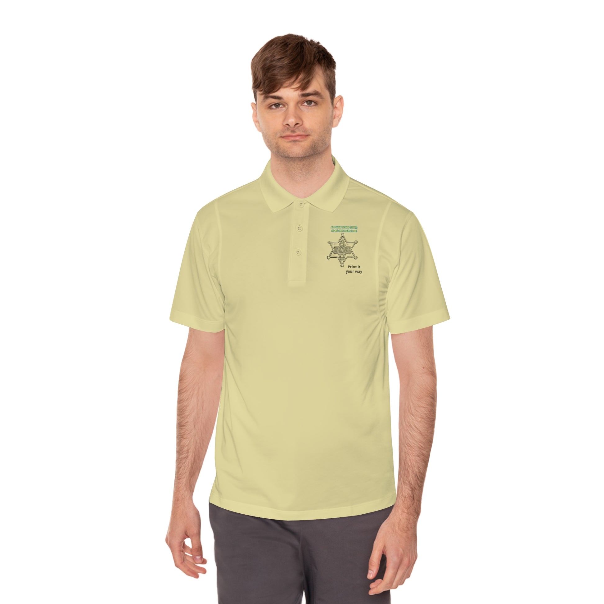 Personalize Sport Polo Shirt worn by a man, showcasing its lightweight and breathable design perfect for ranch work.