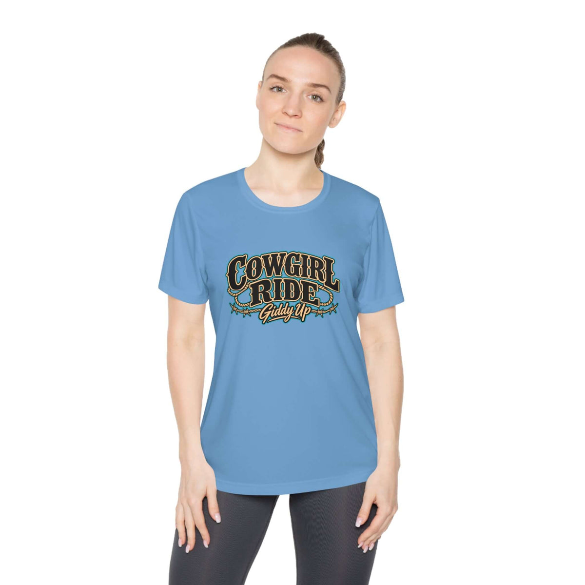 Cowgirl Ride Giddy Up Ladies Tee in light blue, featuring vintage lettering and rustic design.