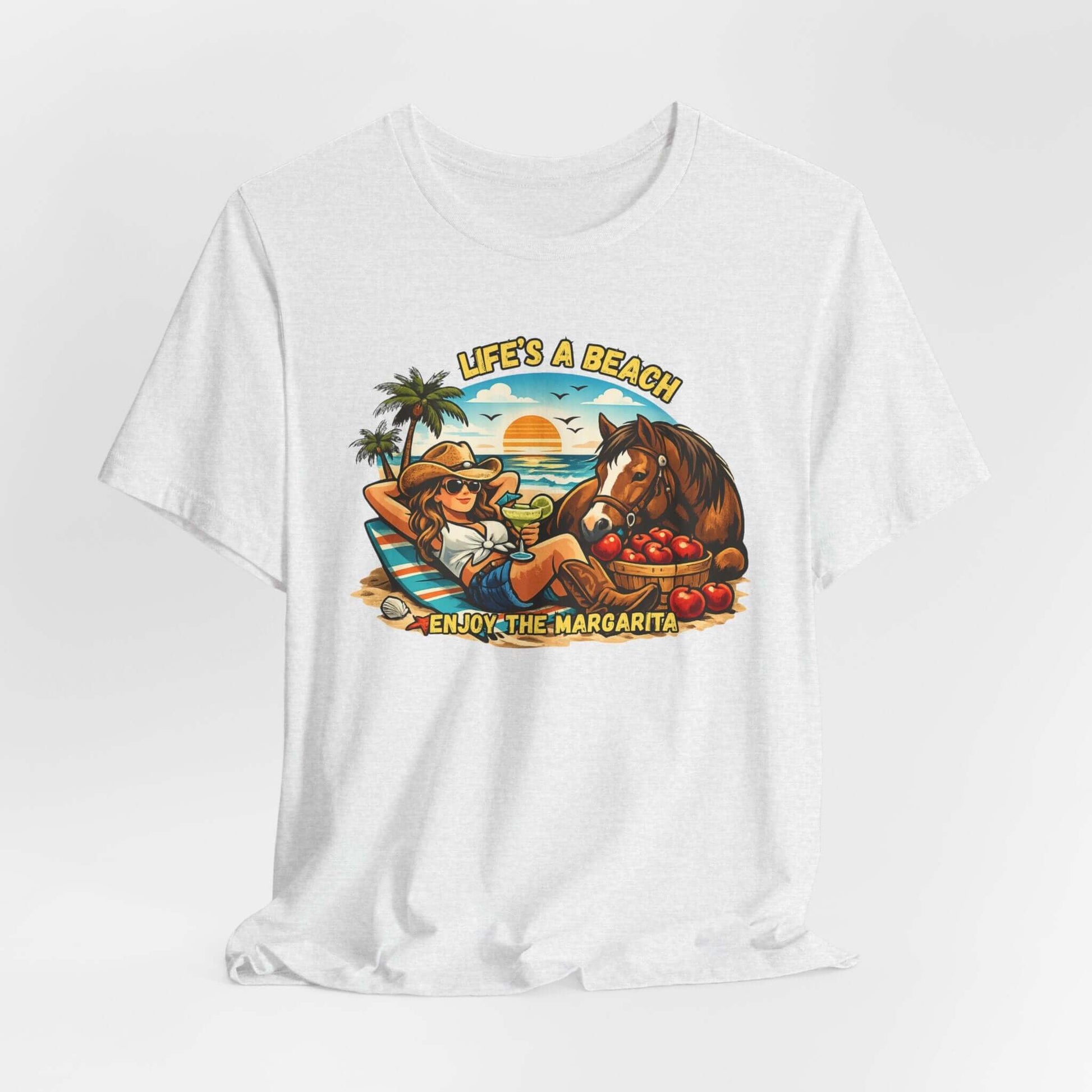 Life's A Beach Western Tee featuring a cowgirl relaxing with a horse and drinks, perfect for beach lovers.