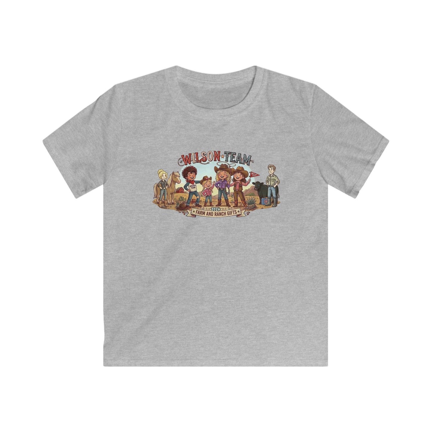 Kids Custom Tee featuring a cartoon adventure graphic design on a gray shirt.