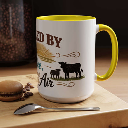 Cow Lovers Mug with yellow handle, featuring cows and sunrise design, perfect for farm lovers.