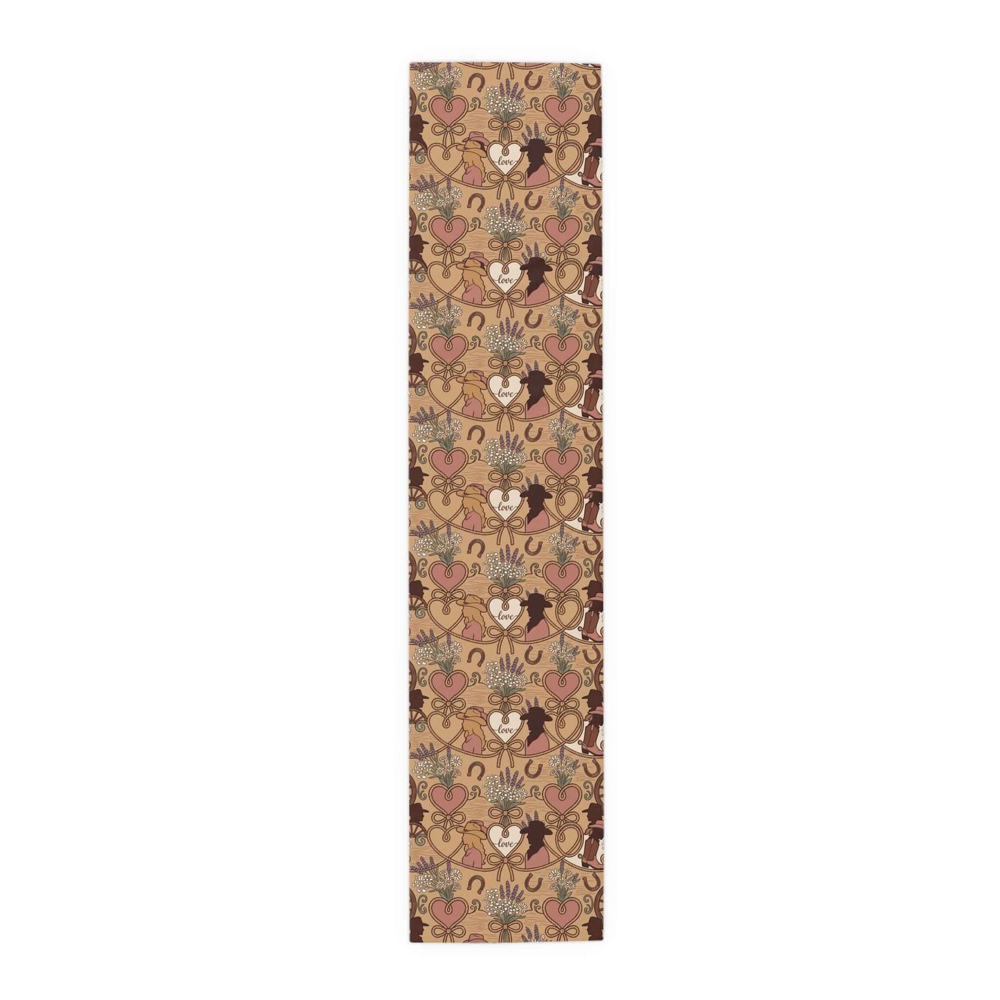 Western Bridal Table Runner featuring rustic hearts, wheat, horseshoes, and playful moose silhouette design.