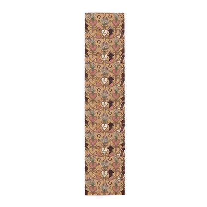 Western Bridal Table Runner featuring rustic hearts, wheat, horseshoes, and playful moose silhouette design.