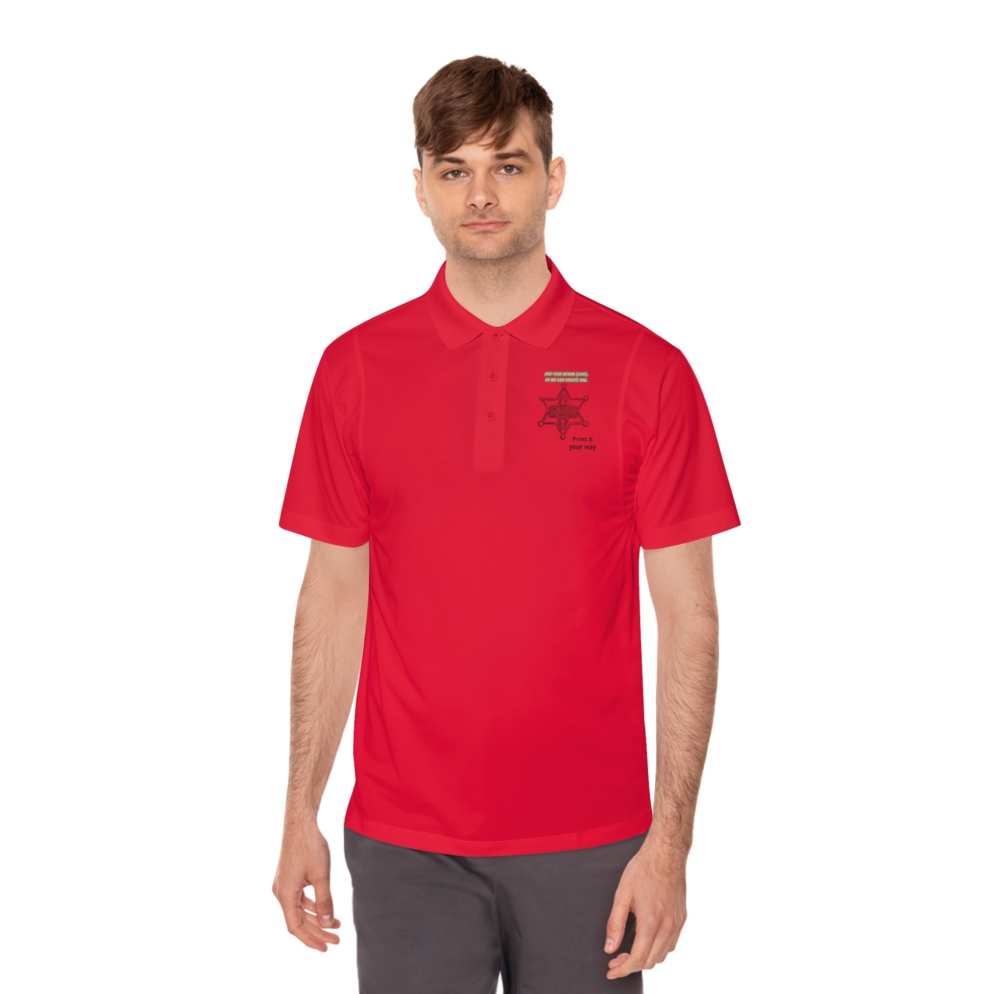 Personalize Sport Polo Shirt in vibrant red, featuring a crisp collar and stylish design, ideal for ranch hands.