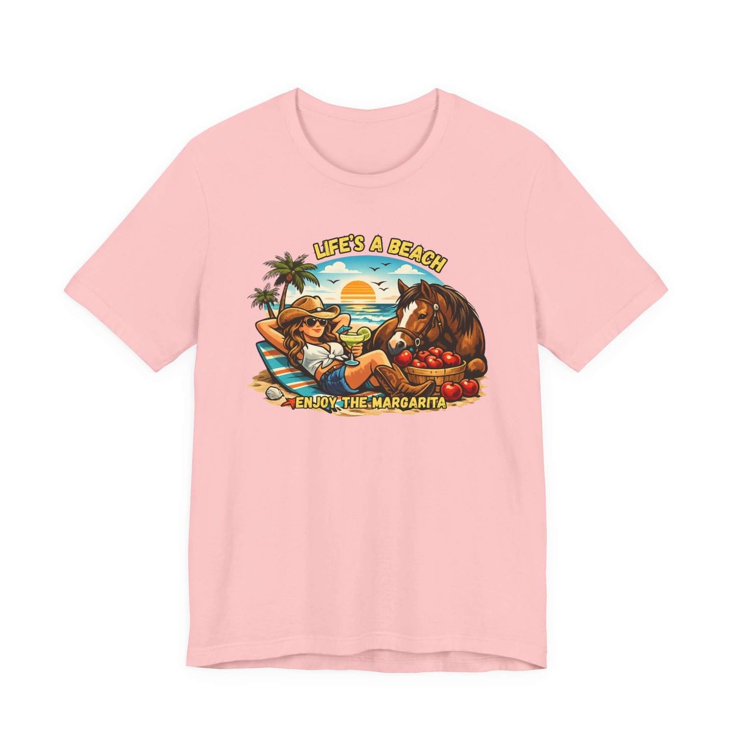 Life's A Beach Western Tee in pink featuring cowgirl, horse, palm trees, and sunset design.
