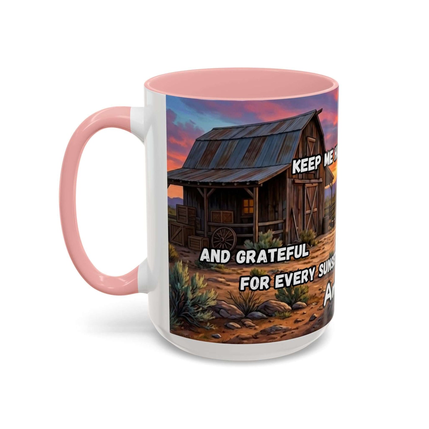 Cowboy Prayer Coffee Mug featuring rustic barn art and a pink handle, perfect for Western and religious gift enthusiasts.