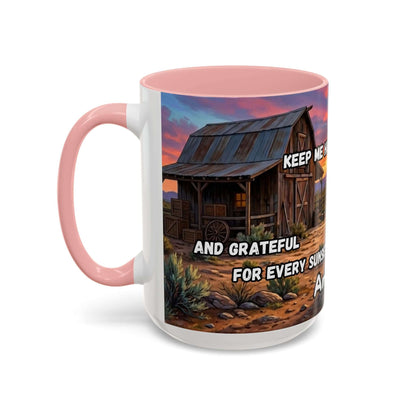 Cowboy Prayer Coffee Mug featuring rustic barn art and a pink handle, perfect for Western and religious gift enthusiasts.