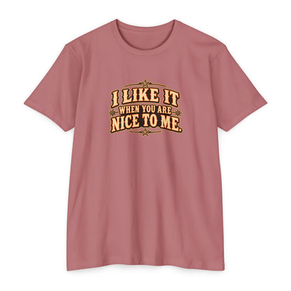 I Like It When You Are Nice To Me T-Shirt in retro western style with vintage lettering on a pink background.