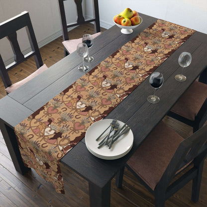 Western Bridal Table Runner on a rustic dining table setting with wine glasses and plates.
