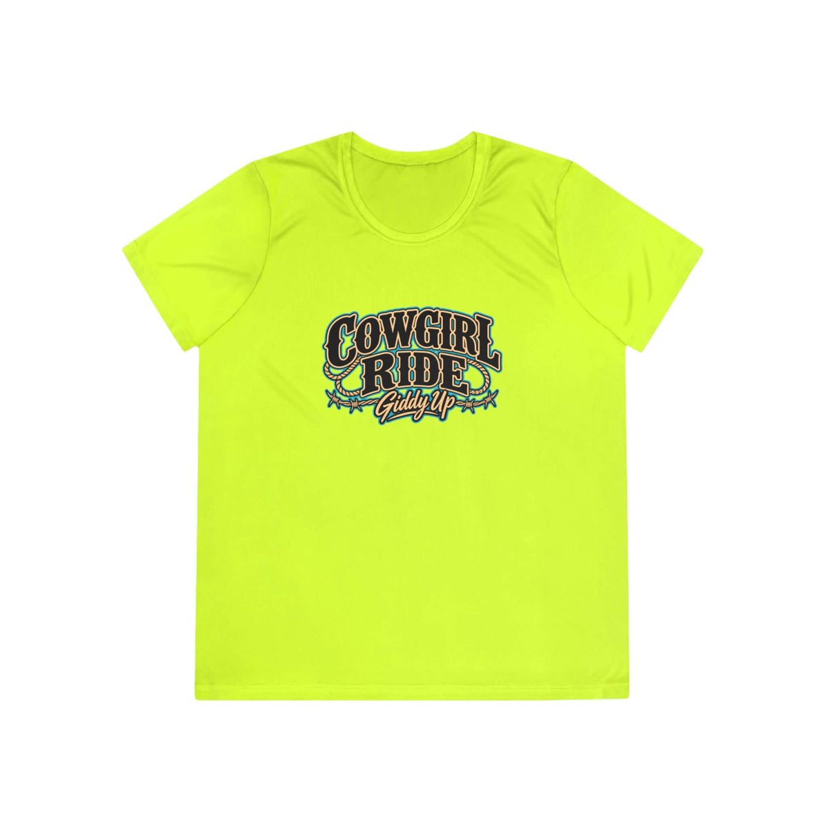 Cowgirl Ride Giddy Up Ladies Tee in vibrant yellow with western graphic design.