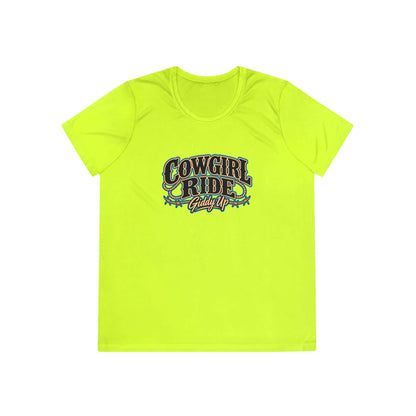 Cowgirl Ride Giddy Up Ladies Tee in vibrant yellow with western graphic design.