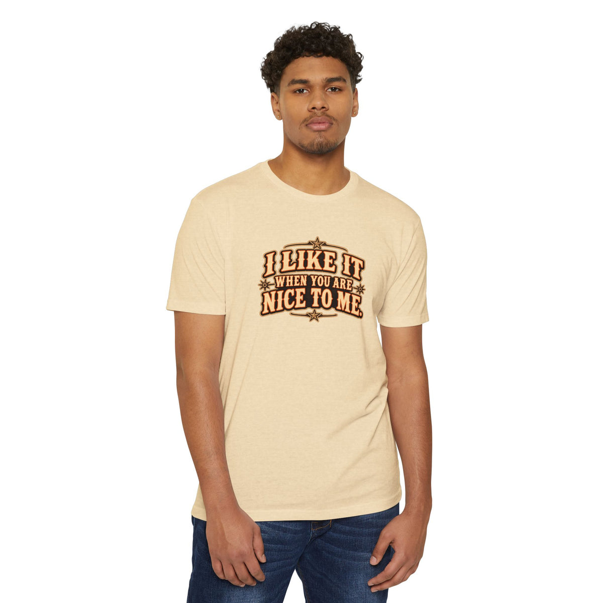I Like It When You Are Nice to Me T-Shirt in warm cream with retro western graphic, worn by a model.