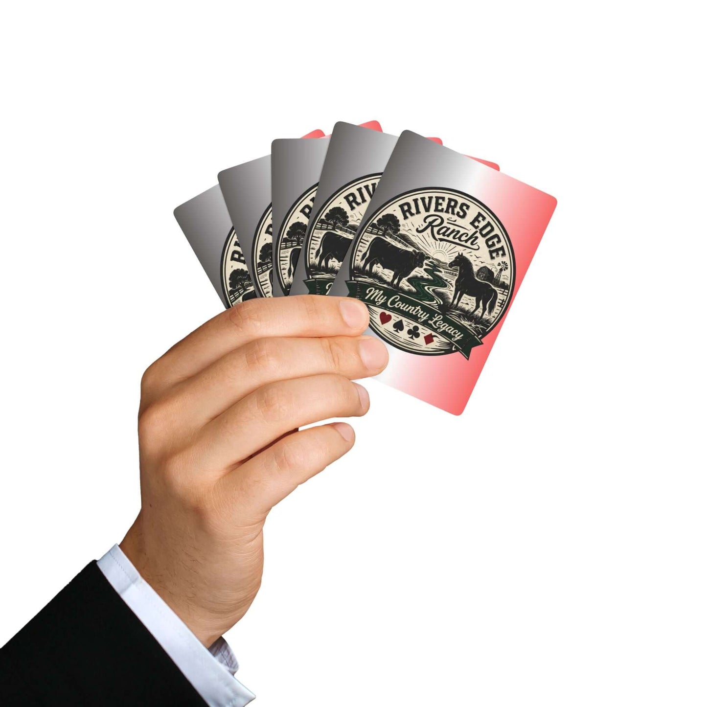 A hand holding Personalized Playing Cards featuring a custom design for Rivers Edge Ranch.
