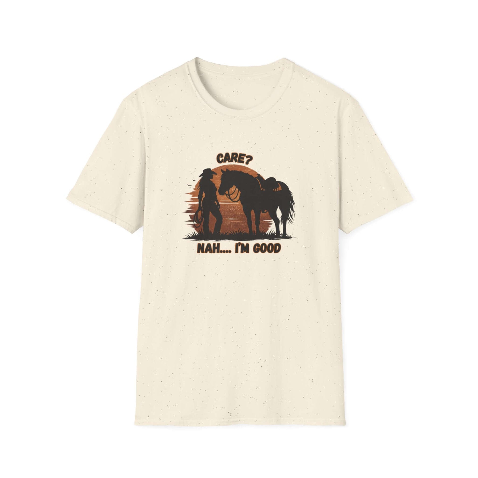 Horse Lover T-Shirt featuring a relaxed rider and horse with the phrase "Care? Nah... I'm good" on a light background.