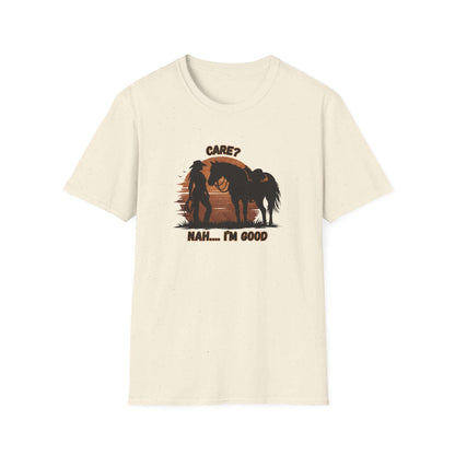 Horse Lover T-Shirt featuring a relaxed rider and horse with the phrase "Care? Nah... I'm good" on a light background.