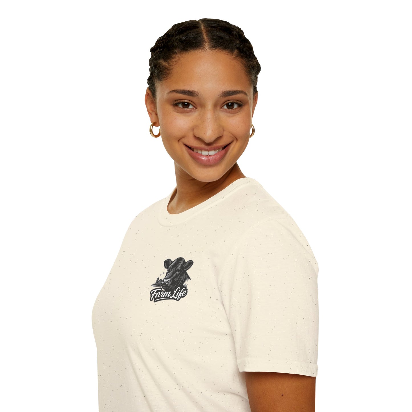 Model wearing a Farm Life T-Shirt featuring a hand-drawn graphic, showcasing rancher apparel style.