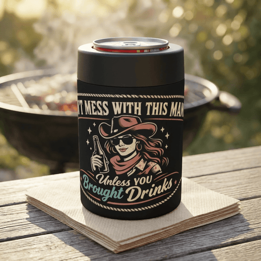 Western Can Holder with vintage cowboy design, keeping drinks cold at a BBQ.