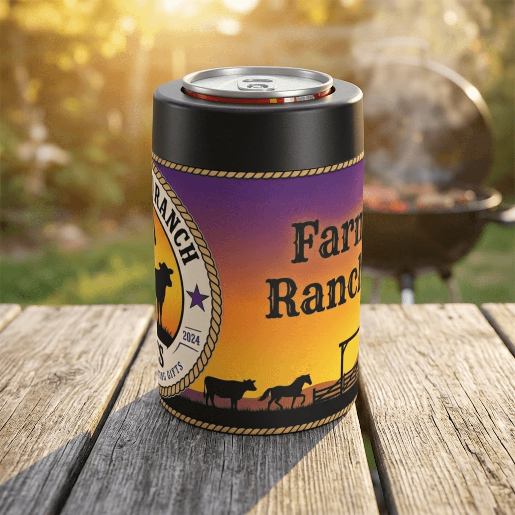 Personalized Can Holder featuring ranch sunset design, perfect for customizable gifts and beverage sleeves.