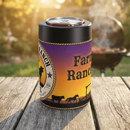 Personalized Can Holder featuring ranch sunset design, perfect for customizable gifts and beverage sleeves.