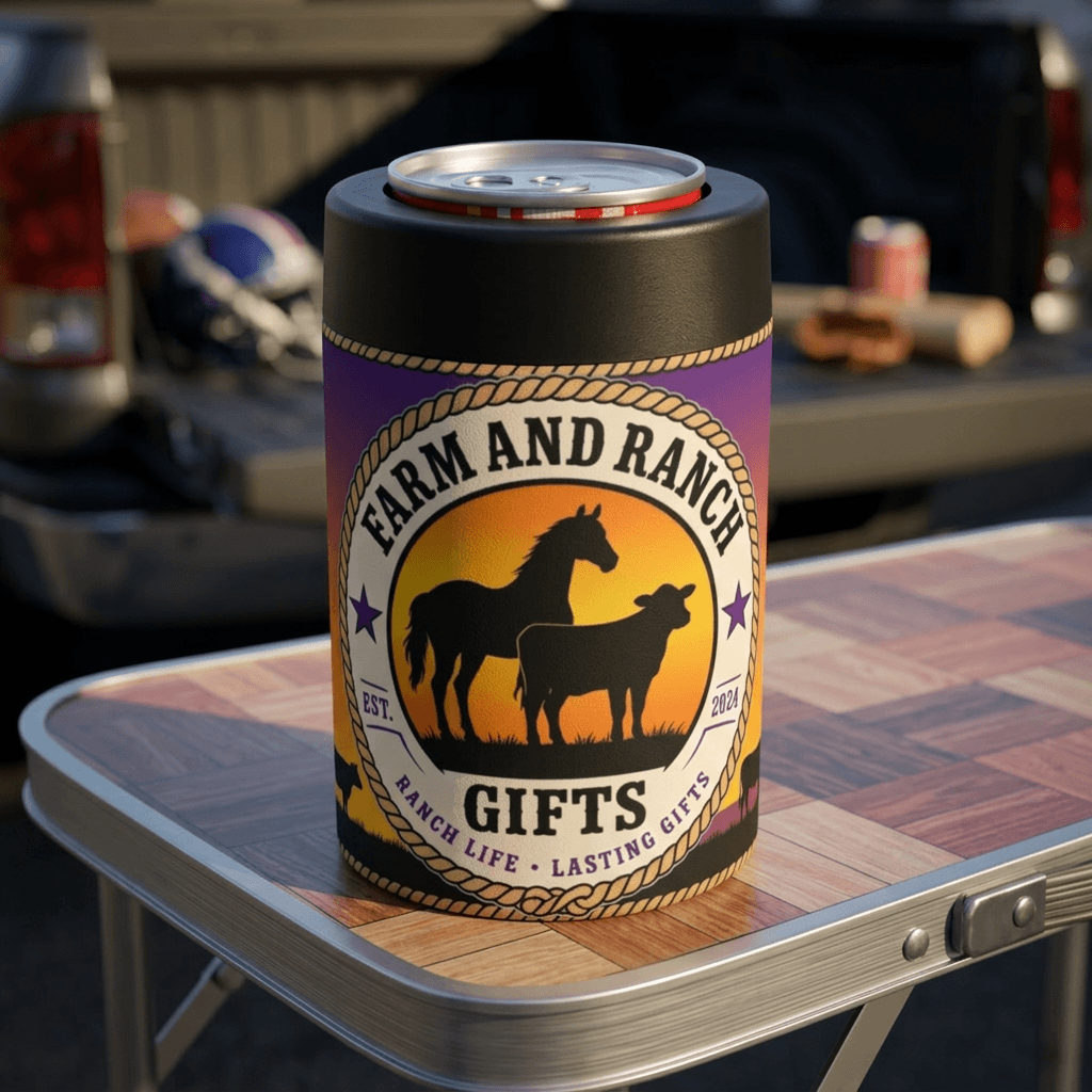 Personalized Can Holder featuring farm and ranch theme, perfect for gifts and customizable beverage sleeve.